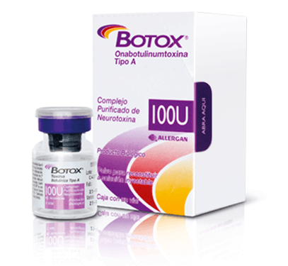 Botox tratamiento 3D - Vial y empaque de Botox® 100U de Allergan, con diseño distintivo en tonos morado y naranja, utilizado en tratamientos estéticos y terapéuticos con toxina botulínica tipo A.