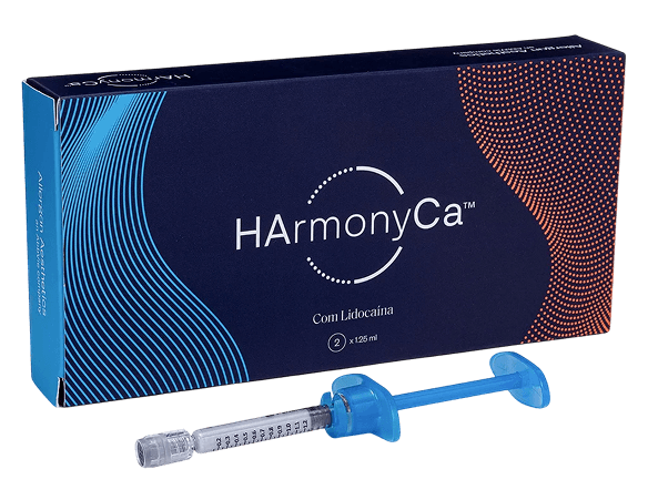 Harmonyca tratamiento 3D - Caja de HAmonyCa™ con lidocaína, un biorelleno estético que combina ácido hialurónico y calcio para restaurar volumen y estimular colágeno.