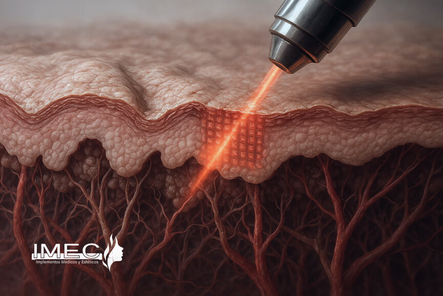 Laser co2 proceso de aplicación - Ilustración de tratamiento con láser fraccionado sobre la piel, mostrando regeneración dérmica profunda. Logo de IMEC en la esquina inferior izquierda.