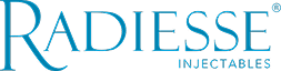 Logo radiesse color - Logo de Radiesse® Injectables en tipografía elegante azul, utilizado en productos estéticos para rejuvenecimiento y restauración de volumen facial.