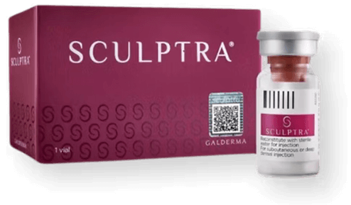Sculptra tratamiento 3D - Caja y vial de Sculptra®, bioestimulador de colágeno utilizado en medicina estética para mejorar firmeza y volumen facial.