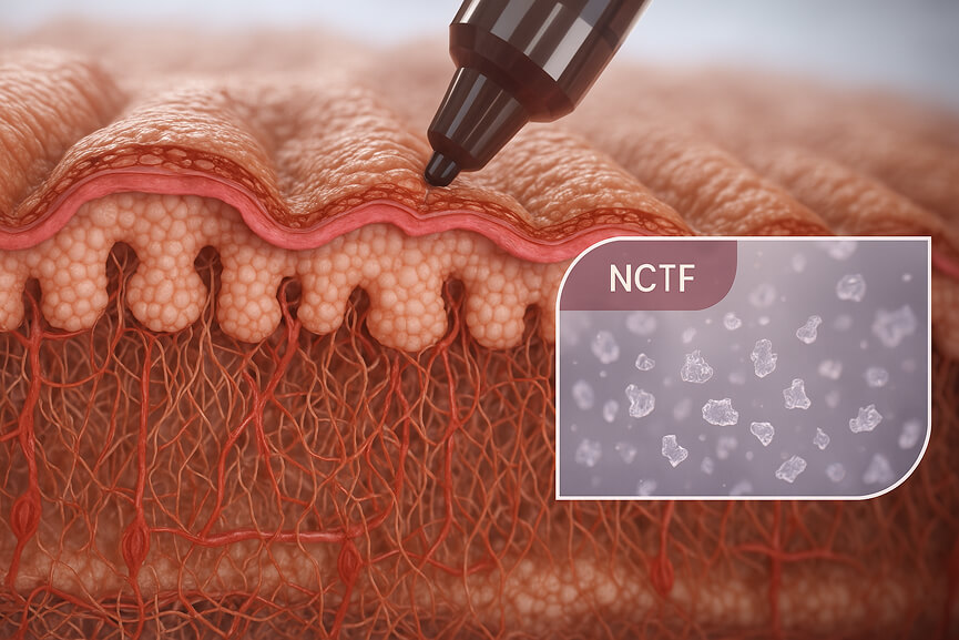 NCTF proceso de aplicación - Ilustración del tratamiento NCTF aplicado en la piel, mostrando penetración dérmica y estimulación celular profunda.