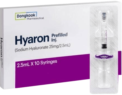 Skin booster tratamiento 3D - Caja de Hyaron con jeringas precargadas de ácido hialurónico (25 mg/2.5 mL), usada para tratamientos de hidratación profunda en la piel.